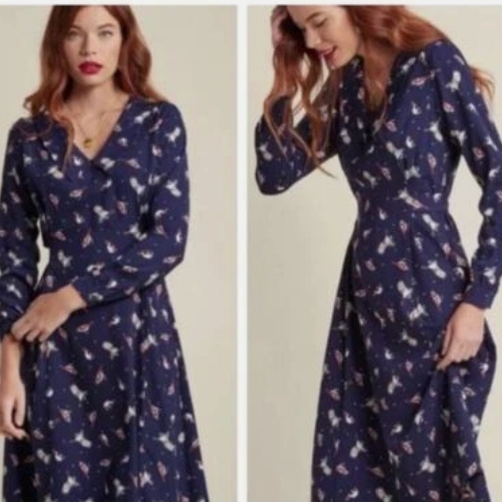 Modcloth Jessy B. Bird Print Long Sleeve Dress